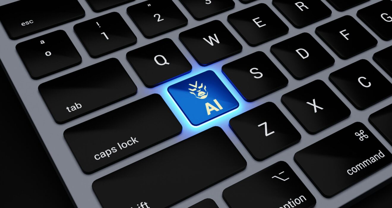 a computer keyboard with a blue light on it